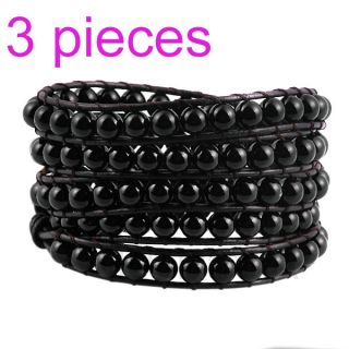 3pcs Natural Black Agate Gemstone Beads Genuine Leather 5 Wrap Bracelet QCL48