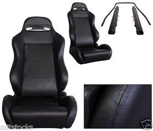 2 Black Leather Blue Stitch Racing Seats Reclinable Sliders Volkswagen New