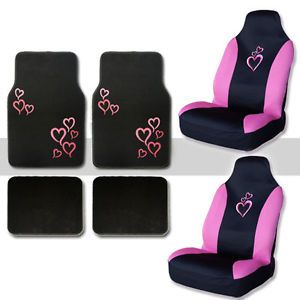 New Universal Size Embroidery Pink Heart Car Truck Seat Covers Floor Mats Set