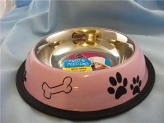 Pink Bone Paw Print Design Stainless Steel Anti Skid Pet Dog Bowl WP407