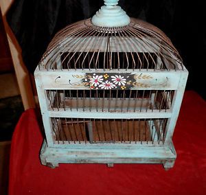 Vtg Antique Toleware Tole Hand Paint Green Folk Art Wood Wire Birdcage Bird Cage