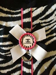 Zebra Print w Cute Pink Accents and Chanel Button Dog Harness Vest Size Small