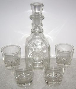 Vintage Pressed Clear Glass Decanter 4 Glasses "Federal Law Forbids Sale "