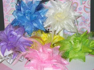 6pc Colorful Satin Roses Aligator Hair Clip Brooch Pin Polka Dot Tulle Feathers