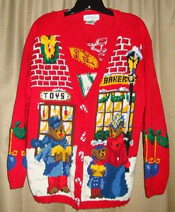 Alexandra Bartlett Ugly Tacky Christmas Holiday Bear Carolers Village Sweater 1x