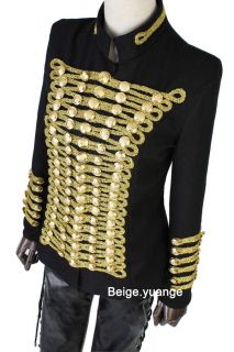 Runway Black w Gold Silver Chain Power Shoulder Wool Blend Military Jacket Multi