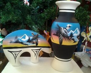 Navajo Indian Hand Painted Art Pottery Clay Vase and Bear Figure Signed Mike