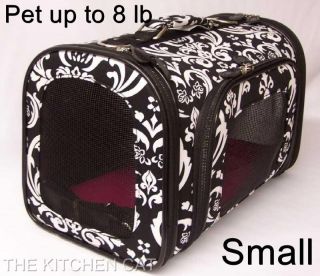 Pet Carrier Small Dog Travel Bed Tote Chihuahua Yorkie Brown Damask Blue Trim