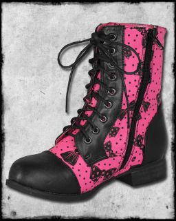 Iron Fist Pink Black Bowed Over Polka Dot Bow Military Combat Army Worker Boots