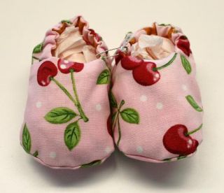 Handmade Reversable Cherry and Polka Dot Print Baby Booties Size 0 3 Months