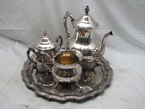 Vintage Towle Silver Plated Coffee Tea Service Set Tea Pot Sugar Creamer w Tray
