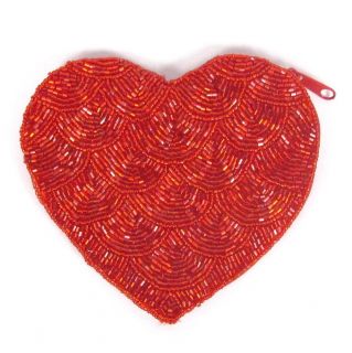 Valentine Heart Beaded Coin Change Purse Pouch Bag Red