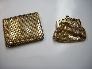 Whiting and Davis Gold Mesh Wallet Coin Change Purse Set
