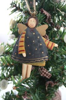 Metal Painted Country Angel Christmas Ornament w Blue Dress