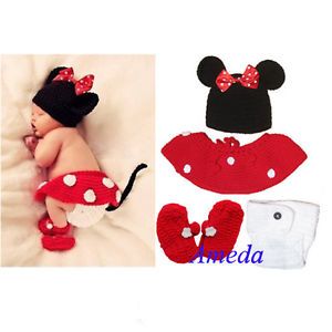 Newborn Girl Baby Hat Skirt Diaper Cover Shoes Minnie Mouse Crochet Costume 4pcs
