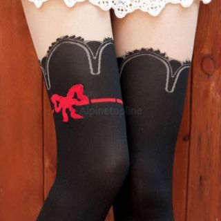 Sexy Girls Red Bow Mock Knee High Hosiery Pantyhose Tattoo Legging Tights 30D