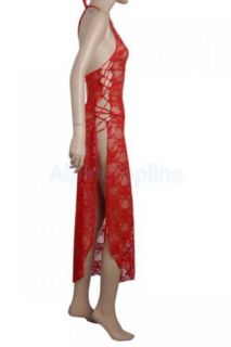 Sexy Red Long Halter Mesh Dress Skirt Lingerie Open Side G String Costume
