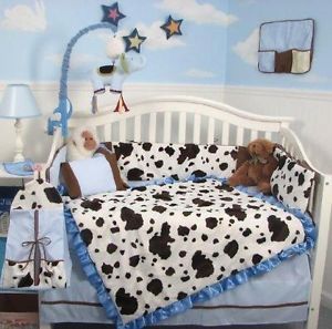 Soho Blue Moo Moo Chenille Baby Crib Nursery Bedding Set 10 Pieces