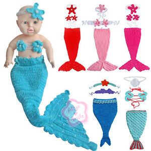 3pc Crochet Baby Mermaid Costume Infant Knit Photo Props Headband Top Tail 0 12M