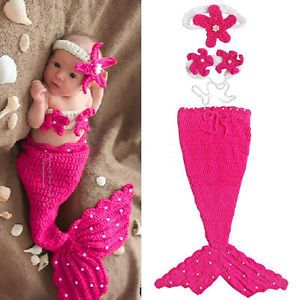 Baby Newborn 12M Girls Knit Crochet Rose Red Mermaid Costume Photo Prop Outfits