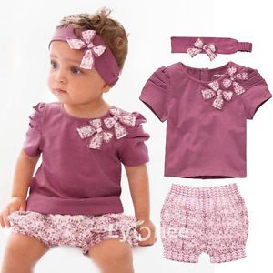 Toddler Baby Infant Clothes Girl Kids Bow Top Pant Headband 3pcs Outfit Set 2 3Y