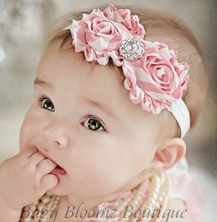 Shabby Chic Striped Headband Rhinestone Fabric Flower Baby Newborn Toddler Girl