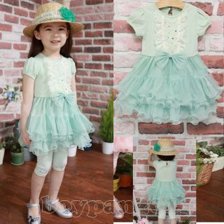 Kids Toddler Girls Princess Pink Green Bow Tulle Short Sleeve Tutu Dress sz2 7Y