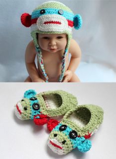 Handmade Knit Crochet Colorful Sock Monkey Baby Hats Shoes Newborn Photo Prop