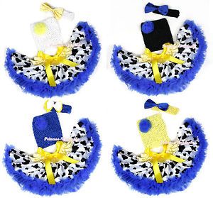 Newborn Baby Crochet Tube Top Yellow Milk Cow Cattle Blue Skirt 3pc Set NB 3Year