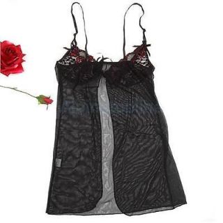 2pc Black Sexy Women's Lace Costume Lingerie Sleepwear Dress Sheer Babydoll Hot