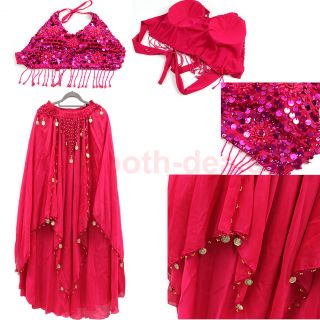 Sexy Belly Dance Costume Sequin Bra Top and Tribal Coin Skirt Chiffon Dress Set