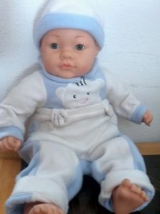 Large Vinyl and Cloth Baby in Soft Baby Blue and White Outfit with Clothes