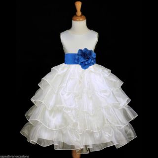 Ivory Organza Royal Blue Sash Flower Girl Dress Formal Pageant Gown 2 4 6 8 9 10