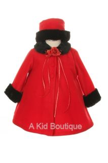 New Baby Girls A Line Red Fleece Coat Jacket w Black Fur Trim Hat Winter