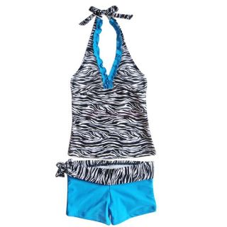 2pcs Girls Zebra Blue Tankini Swimsuit Halter Swimwear Summer Beachwear Sz 8 14