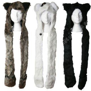 Faux Fur Animal Hood Hat Scarf Paw Mittens Ears Ladies Girls Furry Warm Winter