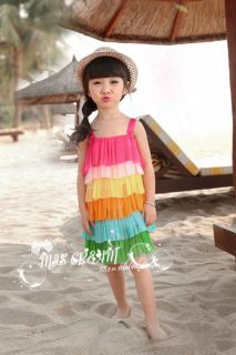 Red Baby Girls Cute Clothes Beach Vest Rainbow Tutu Summer Dresses Age 2 7 XY11