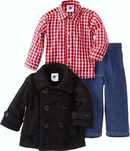 New Baby Boy "Red Check Black Anchor" 3pc Size 12M Pea Coat Clothes Easter