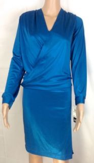 Adrianna Papell Sz 14 $180 Teal Blue Deep Cowl Neck Dress LS Crossover Bodic