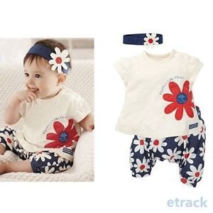 Baby Girls Flower Headband Tops Pants Shorts Outfits 3pcs Set Clothes 0 3 Year