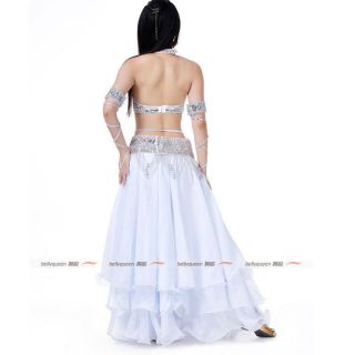 Silver White Professional Belly Dance Costumes Outfit Set 3pcs Bra Belt Skirt