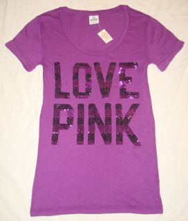 Victoria's Secret Love Pink Sequin T Shirt Tee Sequence Black Bling Logo Purple