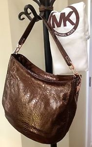 New Michael Kors Fulton Cocoa Metallic Python Embossed Leather Handbag Hobo