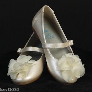 Girls Infant Toddler Ivory Flats Dress Shoes Flower Bow Rhinestone 3 4 5 6 7 8
