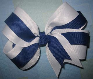 White Royal Blue Boutique Hair Bows 2 Tone Large Girls Hairbows 5 inch Nautical