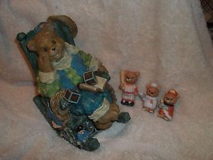 Music Box Bear in A Rocking Chair and Three Small Bear Figurines