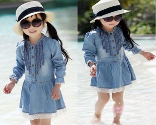Baby Girls Kids Dress 3 7Y Casual Denim Blue Long Sleeve Lace Cowboy Clothes