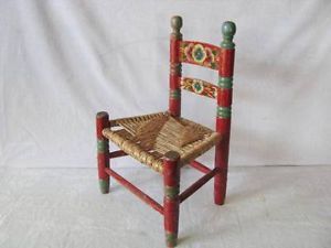 Antique Red Flower Cane Seat Slat Mission Arts Crafts Doll Child Child's Chair