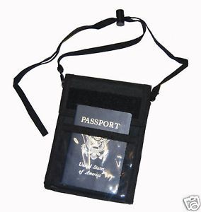 Passport ID Credit Card Carry Pouch w Neck Lanyard Blk