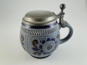 Vintage Marzi Remy West Germany Art Pottery Pewter Lid Beer Stein Mug Cup Blue